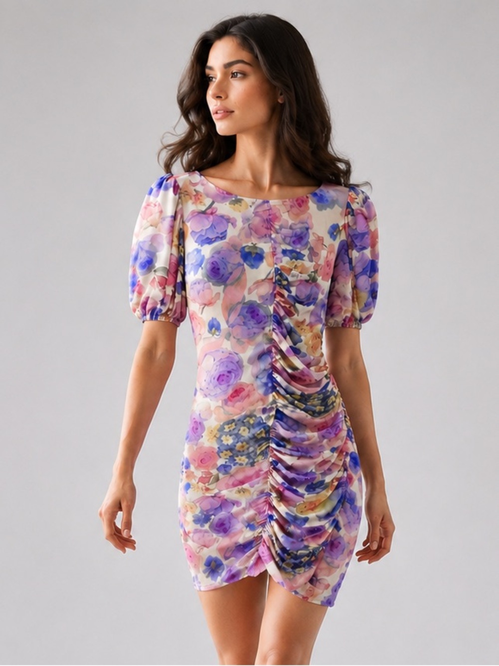 Ganni Mini Dress Mesh Floral Ruched Puff Sleeve 36 Scandi Luxury